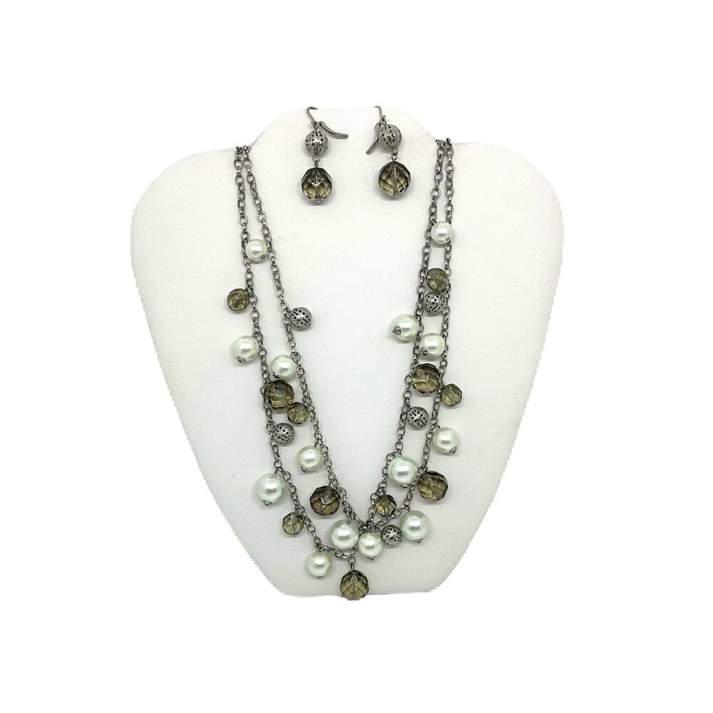 Vintage-Layered Silver Fashion Beaded Necklace with Earrings